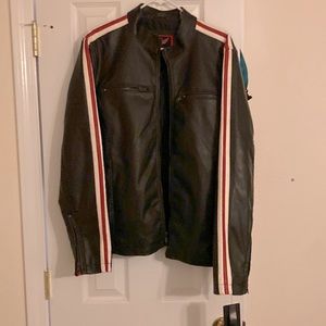 Mens size M black leather jacket with white and red stripes